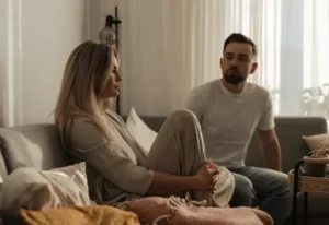 Couple sitting apart on a couch, showing lost emotional intimacy in a relationship