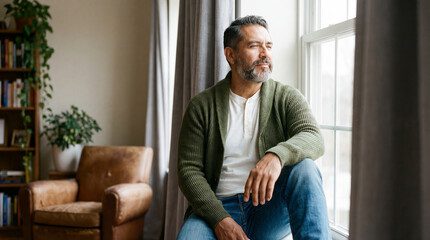Middle-aged man in green sweater sitting thoughtfully by window — men's therapy and psychotherapy in Bethesda MD